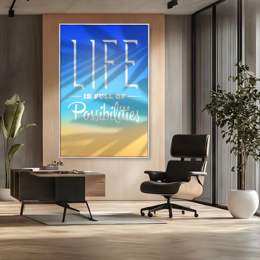 Tablou canvas cu tablou motivational vertical cu mesaj, in rama de aluminiu argintiu, pe perete intr-un birou